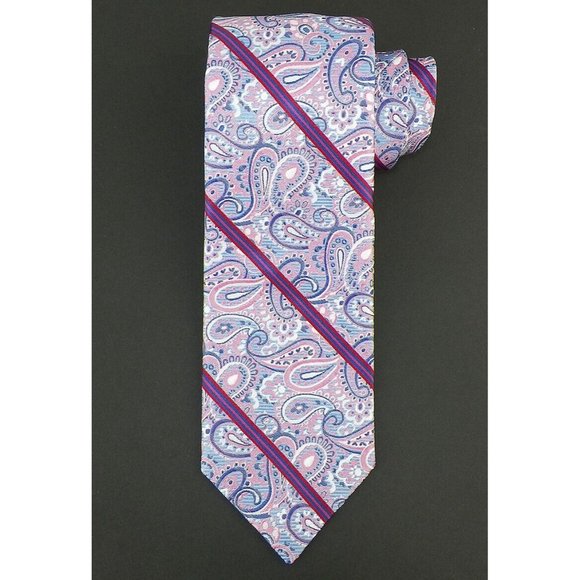 PAUL FREDRICK Mens Pink Blue Navy PAISLEY STRIPE Woven Silk 7-FOLD Tie Italy NWT